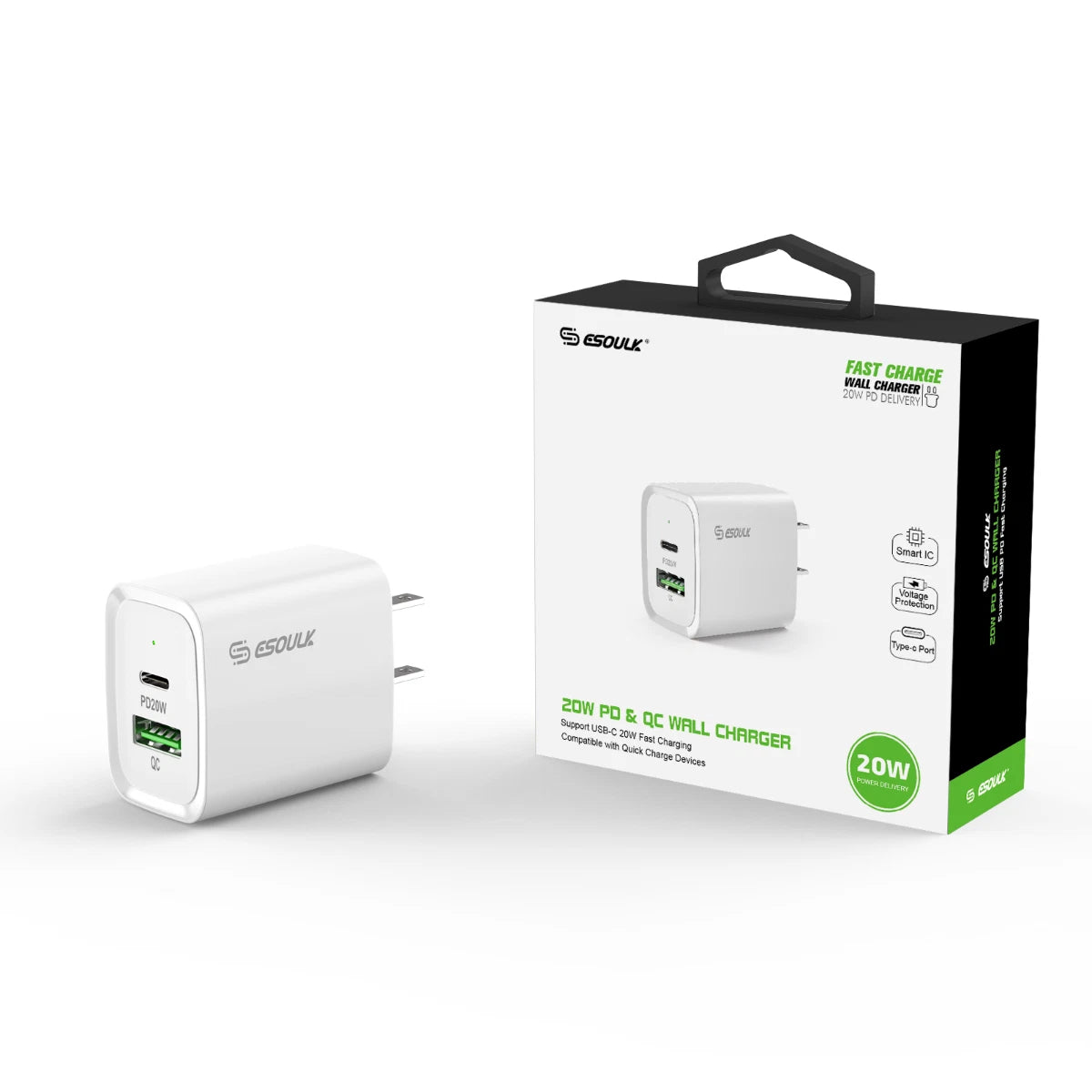 Esoulk USB C+A PD/QC Wall Adapter w/ USB C-C Cable (20W) (5ft) (WHITE)