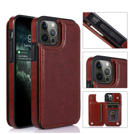 iPhone 15 Luxury Side Magnetic Button Card ID Holder PU Leather Case Cover