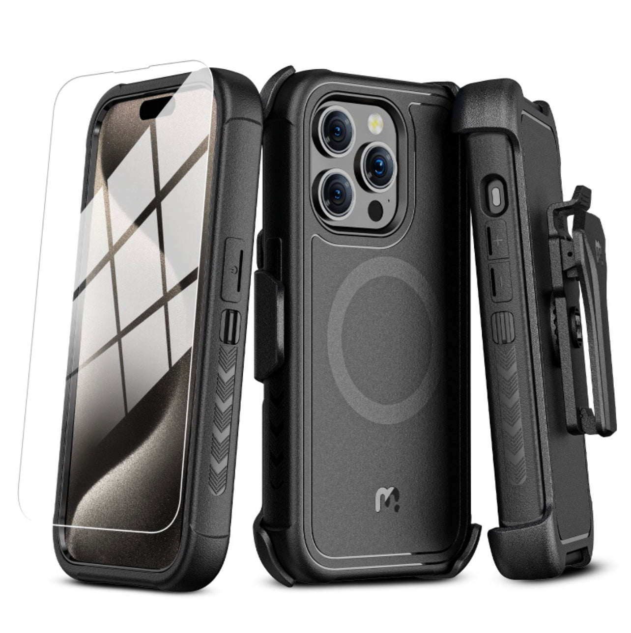 MyBat Pro Antimicrobial Maverick Series w/ MagSafe Case with Holster and Tempered Glass for Apple iPhone 15 Pro Max (6.7) - Black / Black