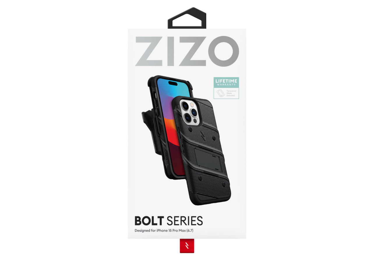 ZIZO BOLT Bundle iPhone 15 Pro Max Case with Tempered Glass - Black