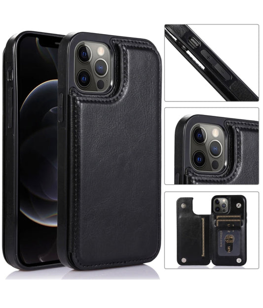 iPhone 15 Luxury Side Magnetic Button Card ID Holder PU Leather Case Cover