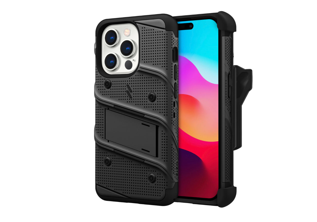 MyBat Pro Antimicrobial Maverick Series w/ MagSafe Case with Holster and Tempered Glass for Apple iPhone 15 Pro Max (6.7) - Black / Black