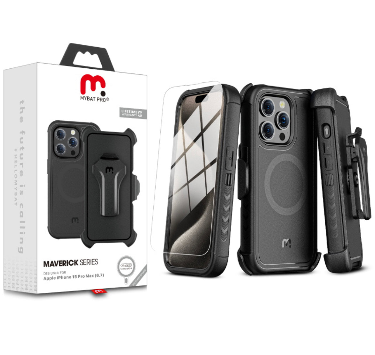 MyBat Pro Antimicrobial Maverick Series w/ MagSafe Case with Holster and Tempered Glass for Apple iPhone 15 Pro Max (6.7) - Black / Black