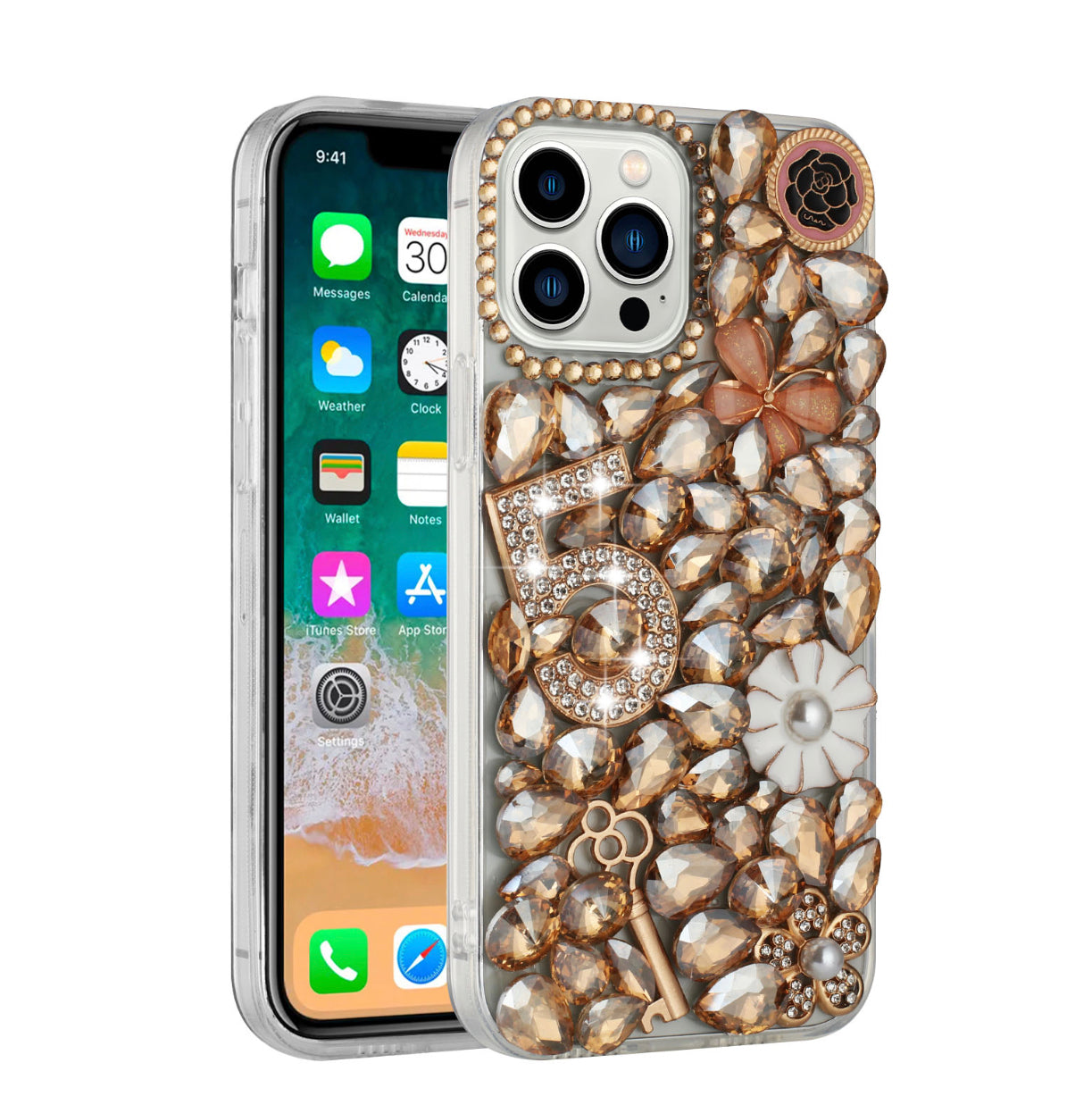 For Apple iPhone 14 PRO MAX 6.7" Full Diamond with Ornaments Case Cover