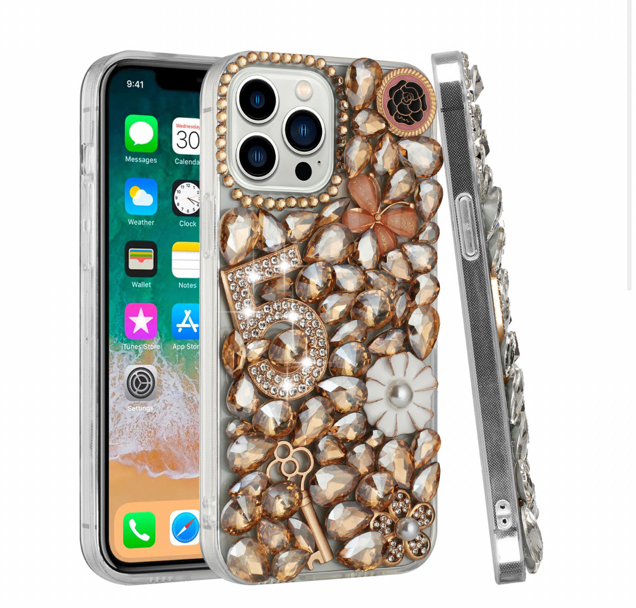 For Apple iPhone 14 PRO MAX 6.7" Full Diamond with Ornaments Case Cover