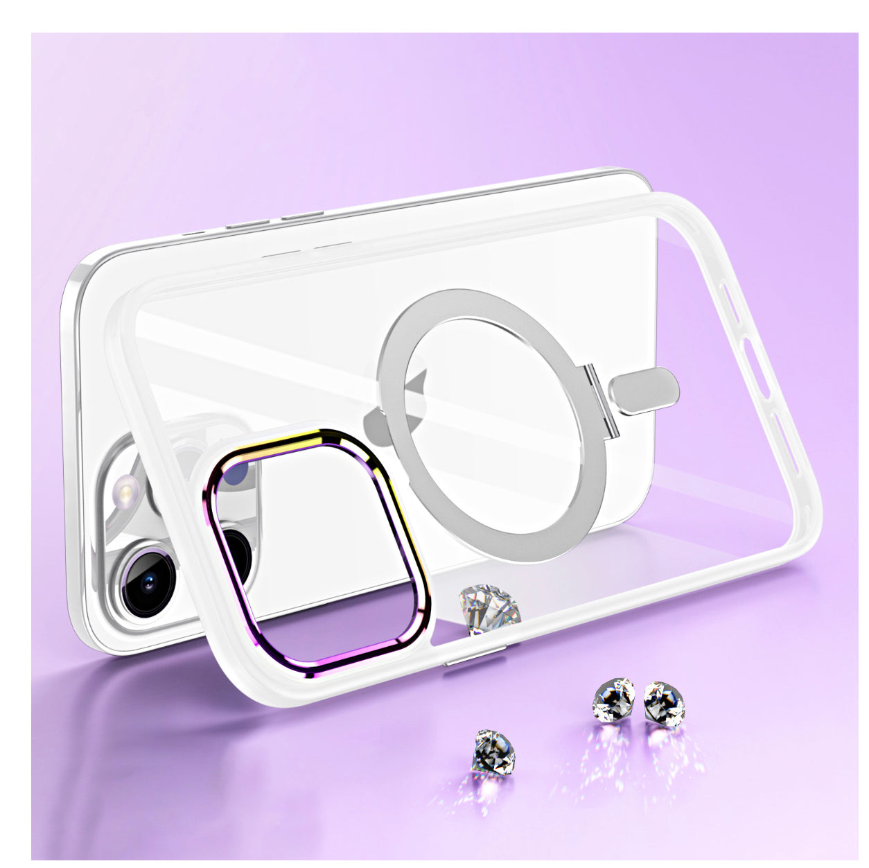 iPhone 14 PRO MAX 6.7" Dazzle Magnetic Ring Stand Alloy Chrome Transparent Hybrid Case Cover - Clear
