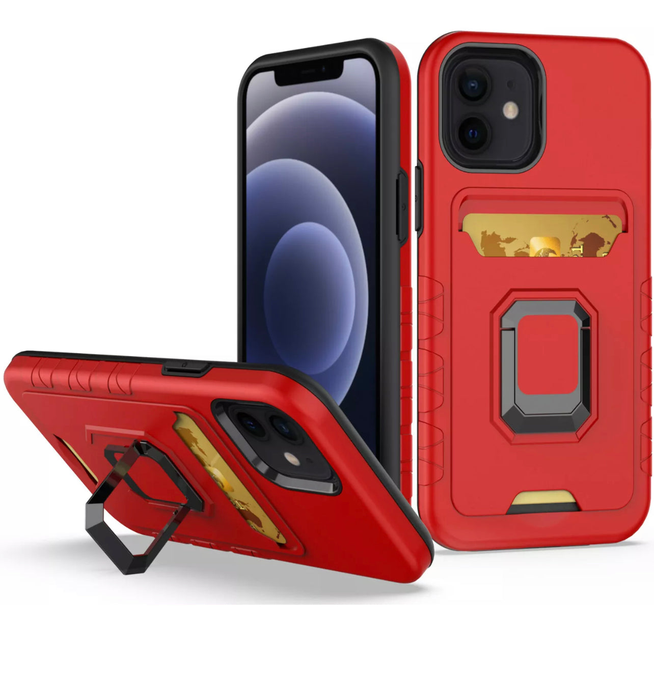 iPhone 13 6.1 Card Holder with Magnetic Ring Stand Hybrid Case Cover