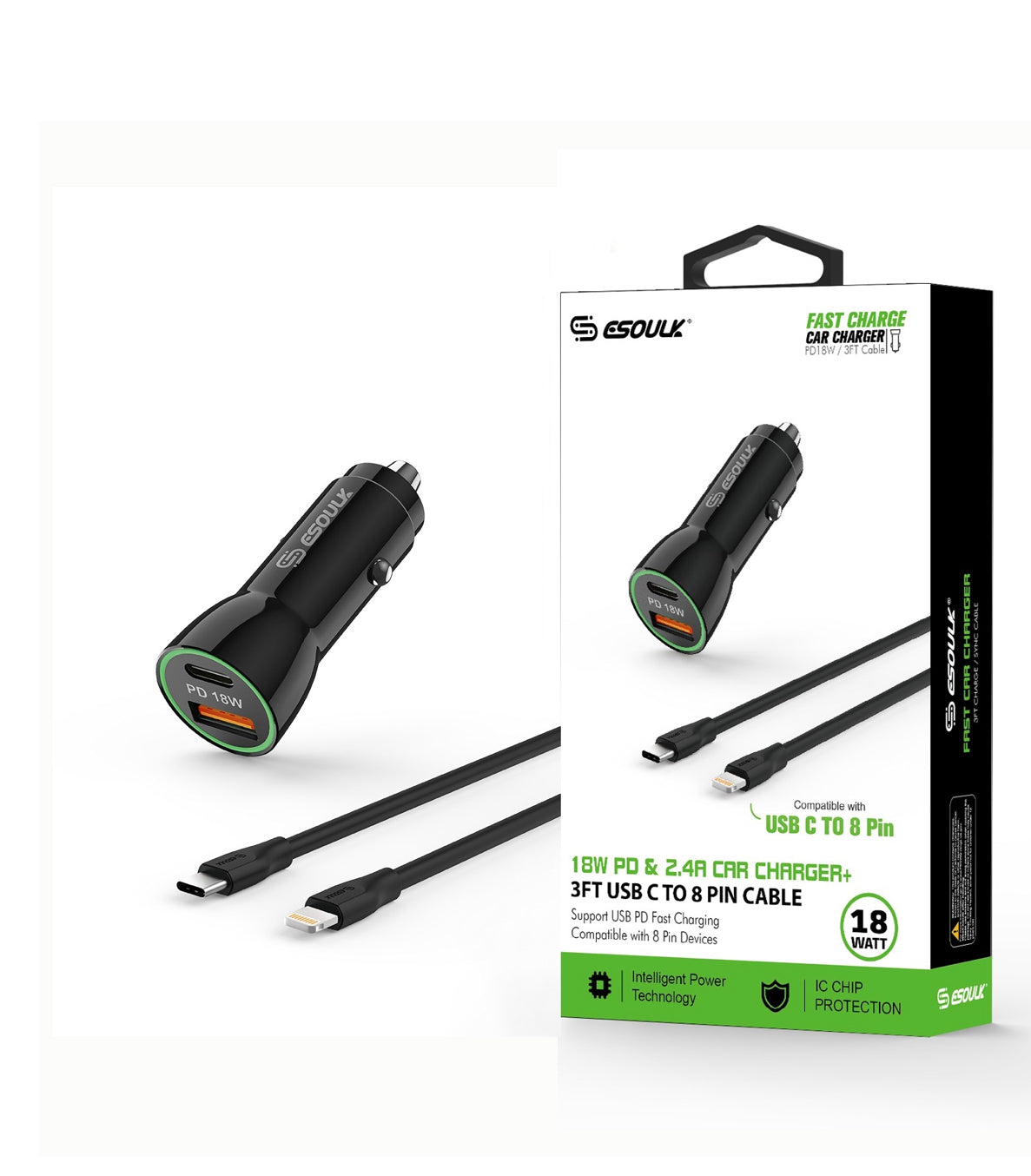 18W Car Charger PD USB-A With 3ft C To IPhone Cable For IPhone