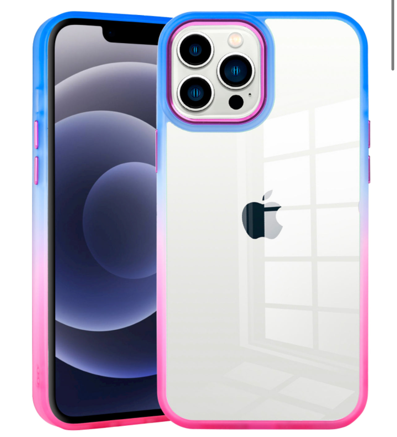 iPhone 14 PRO 6.1" Radiant Two Tone Transparent Thick Hybrid Case Cover - Blue/Hot Pink
