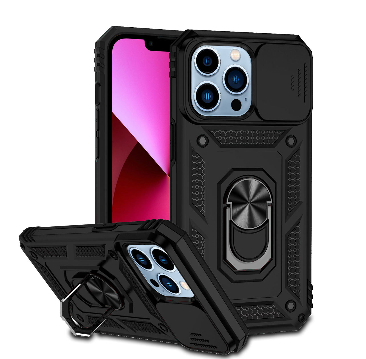 iPhone 14 PRO MAX 6.7" ELITE Camera Push Magnetic Ring Stand Hybrid Case Cover - Black