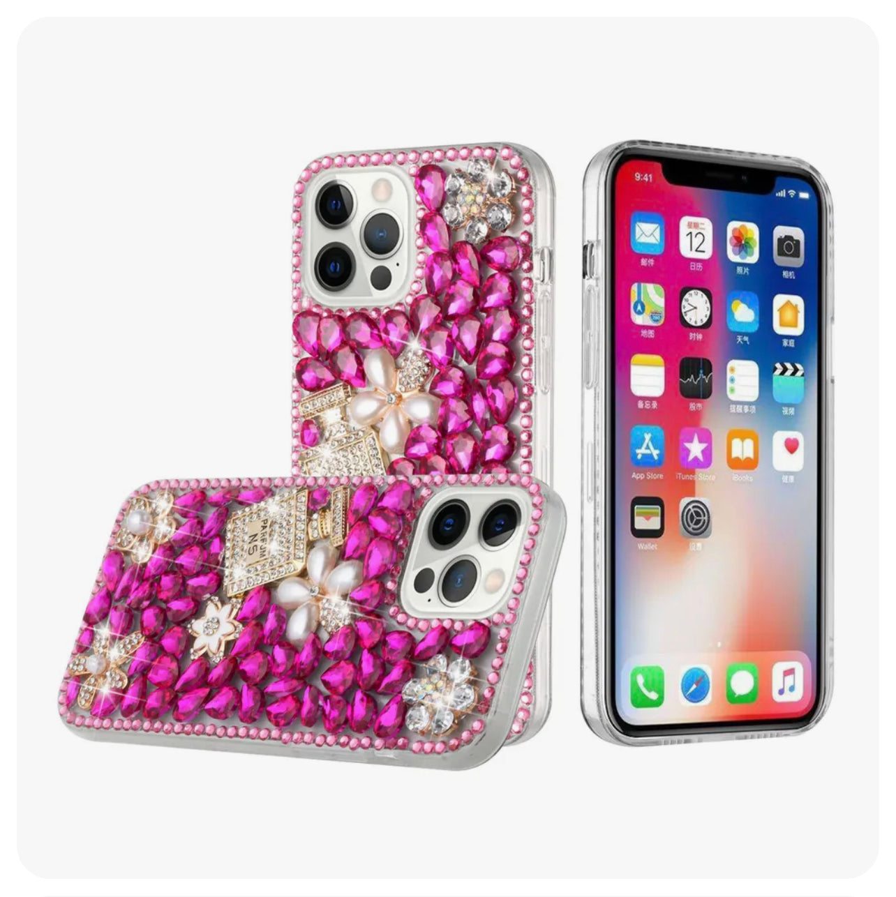 For Apple iPhone 14 PRO MAX 6.7" Full Diamond Pearl Flowers Perfume Hot Pink