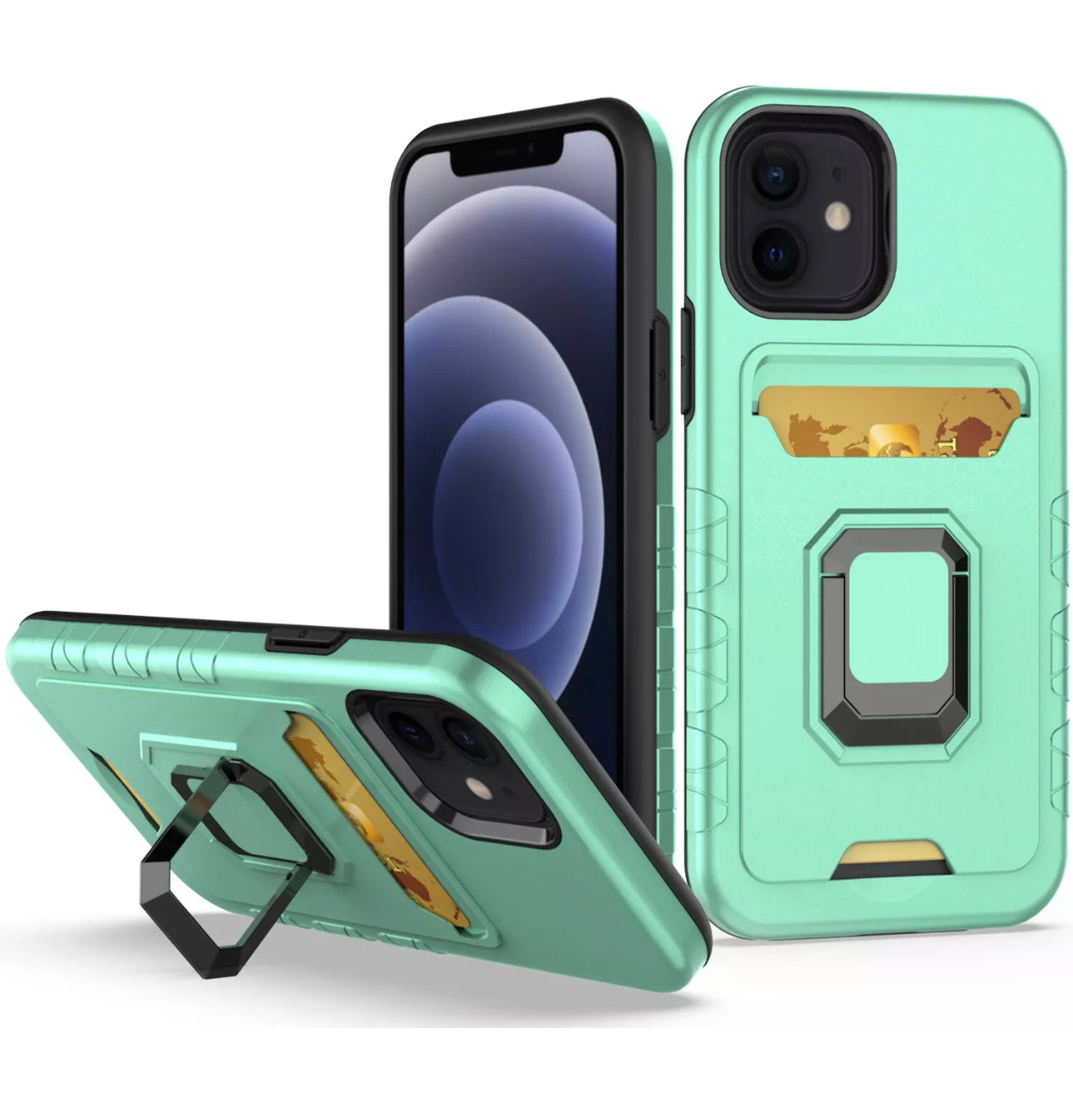 iPhone 13 6.1 Card Holder with Magnetic Ring Stand Hybrid Case Cover