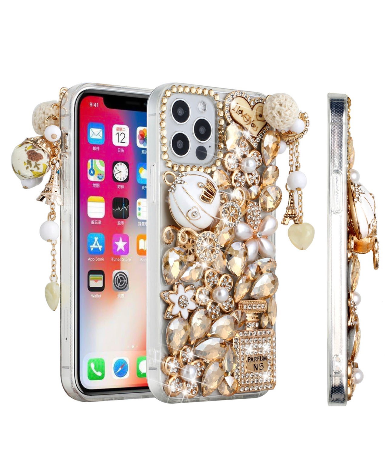iPhone 13 6.1 Full Diamond with Ornaments Case Cover - Ultimate Multi Ornament Gold