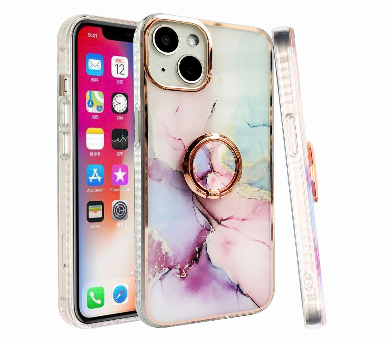 iPhone 14 MAX 6.7" Superior RoseGold Chromed Edge IMD Ring Stand Design Case Cover