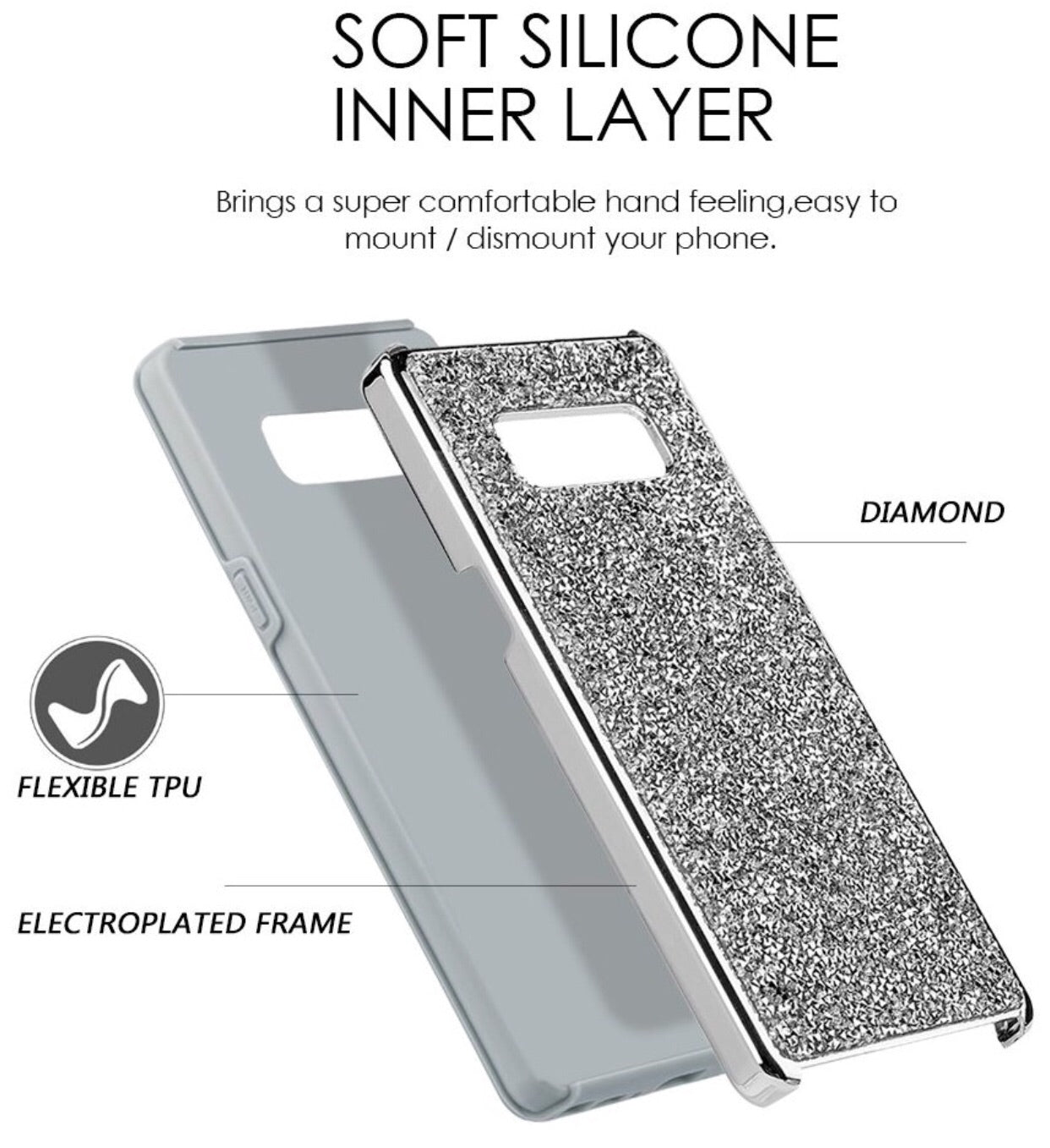 SAMSUNG GALAXY NOTE 8 - ROCK CRYSTAL STUDDED BACK COVER WITH SILVER CHROME BUMPER ON GRAY TPU SKIN