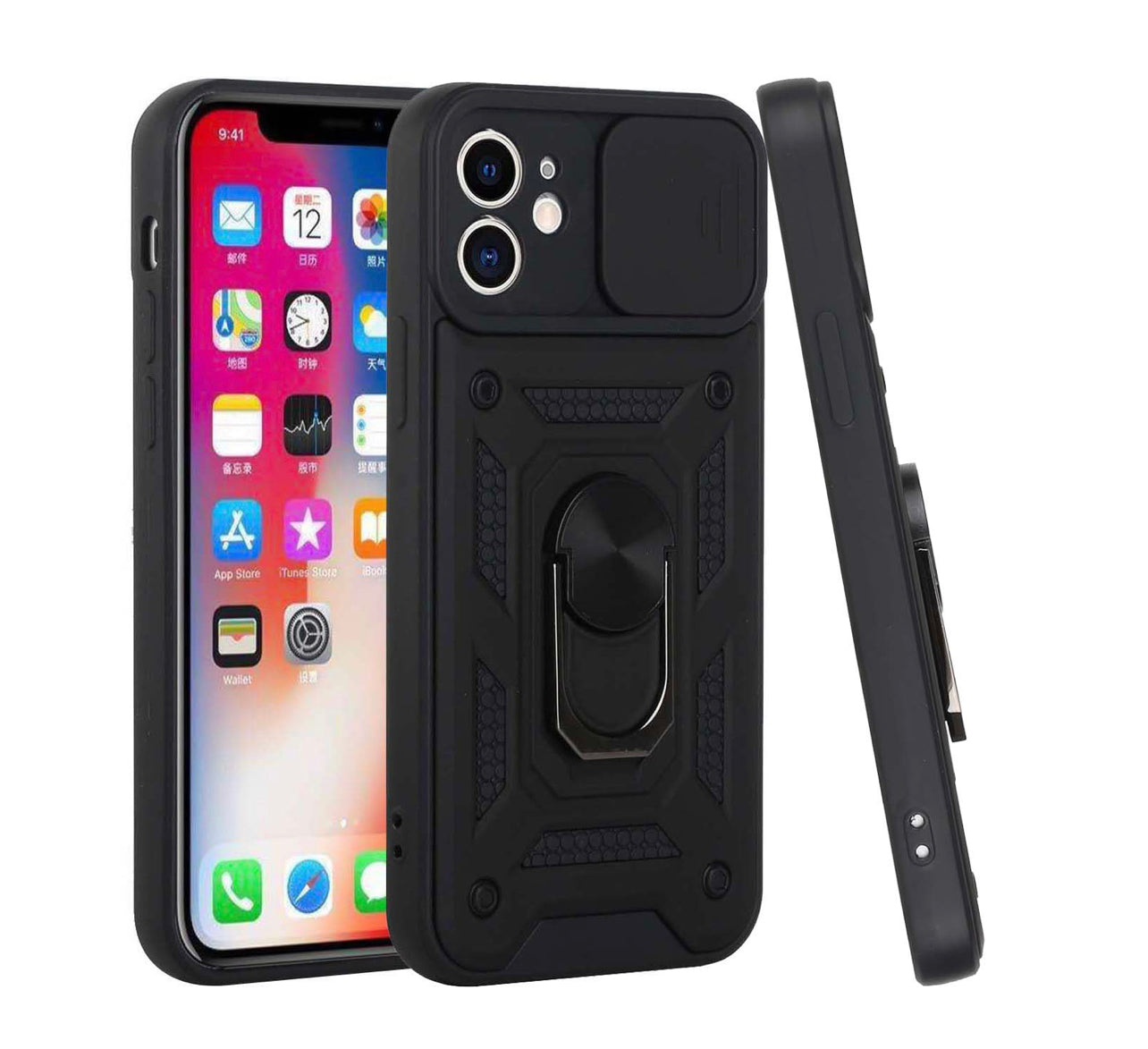 iPhone 14 PRO MAX 6.7" ELITE Camera Push Magnetic Ring Stand Hybrid Case Cover - Black