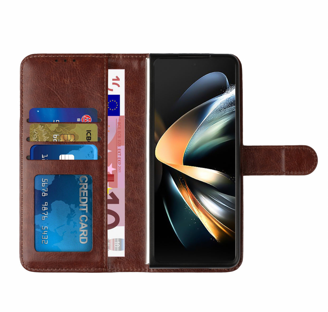 For Samsung Galaxy Z Fold 4 Stylus Holder Wallet ID Card Money Magnetic Snap Case Cover - Brown