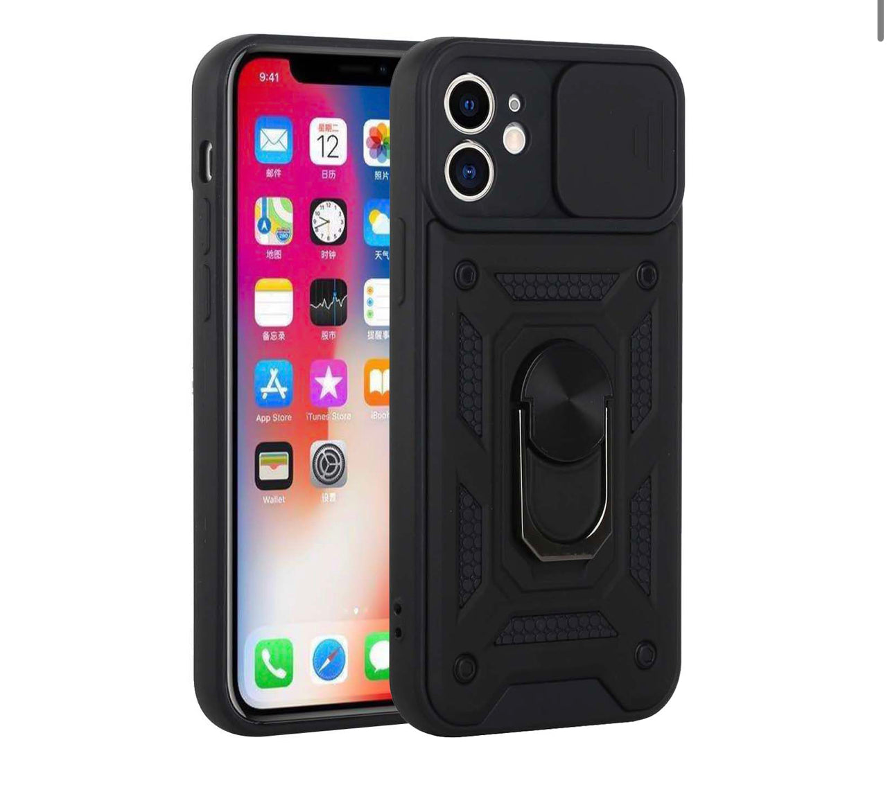 iPhone 14 PRO MAX 6.7" ELITE Camera Push Magnetic Ring Stand Hybrid Case Cover - Black