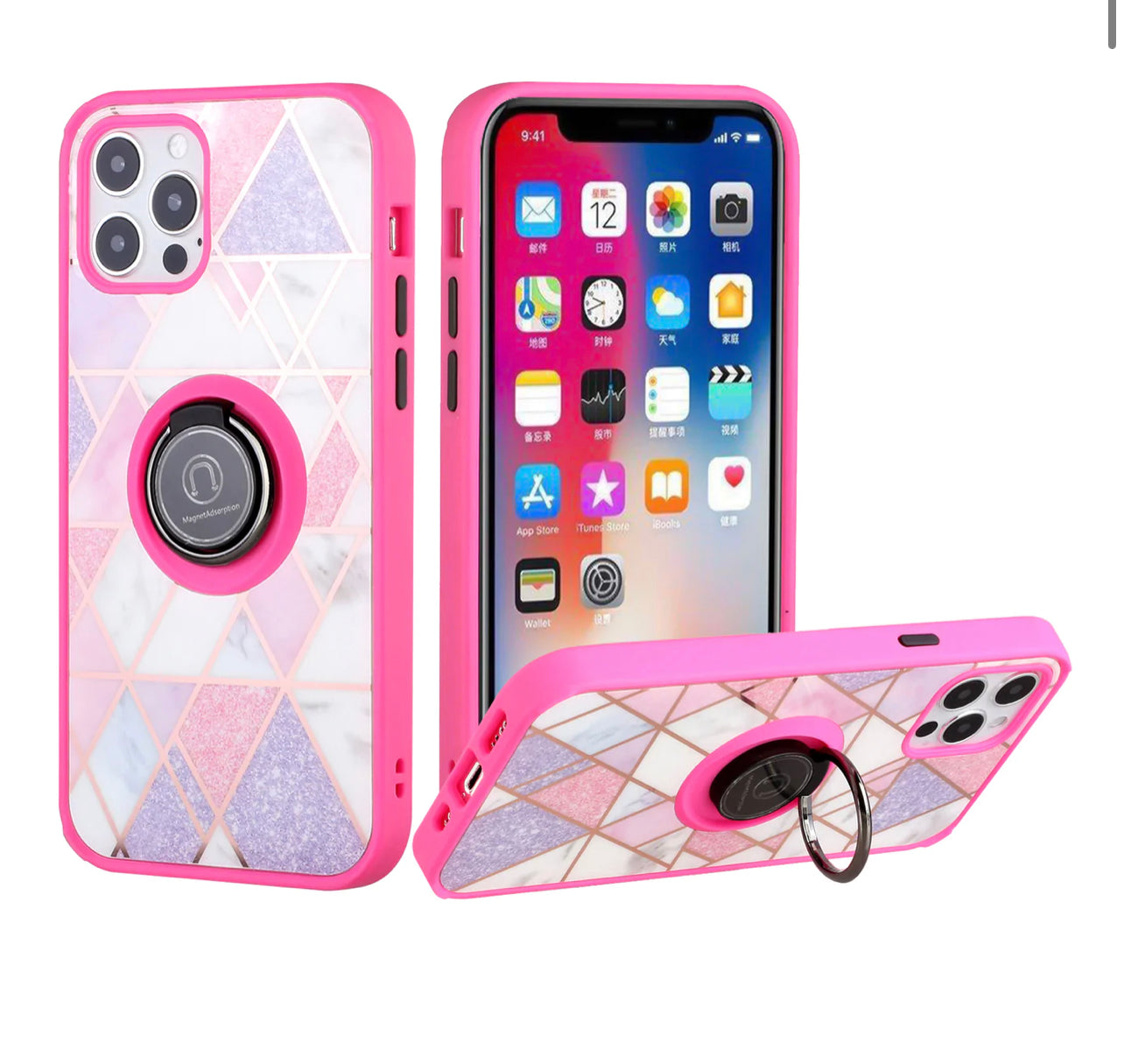 iPhone 14 6.1" Unique IMD Design Magnetic Ring Stand Cover Case - Mesh Marble on Pink