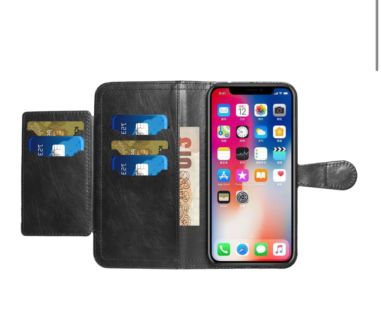 iPhone 14 6.1" Premium Wallet MultiCard Holder Money Zipper With Magnetic Flap - Black