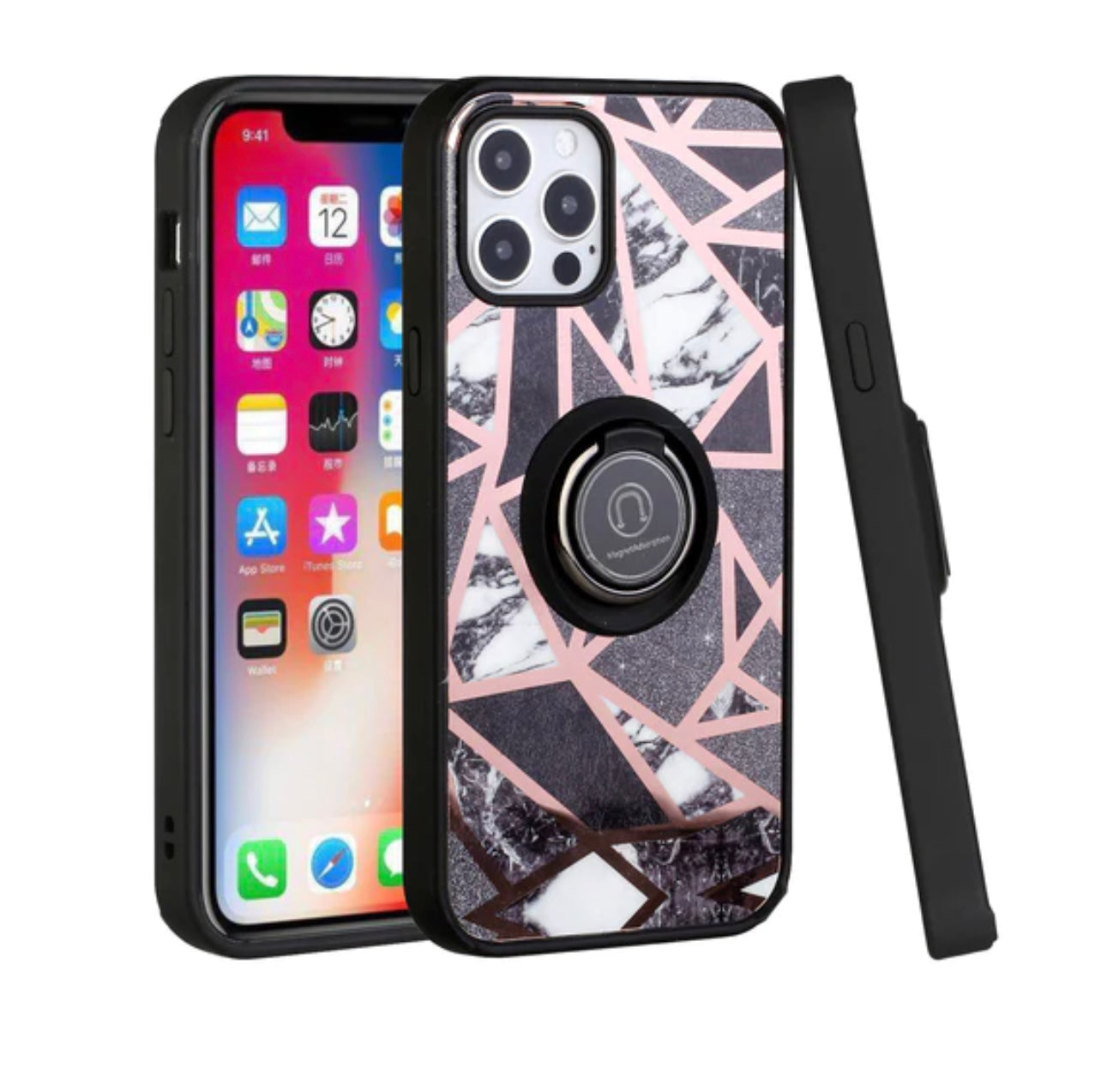 iPhone 14 Pro Max Marble Design Magnetic Ring Stand Phone Case- Rose Gold/Black