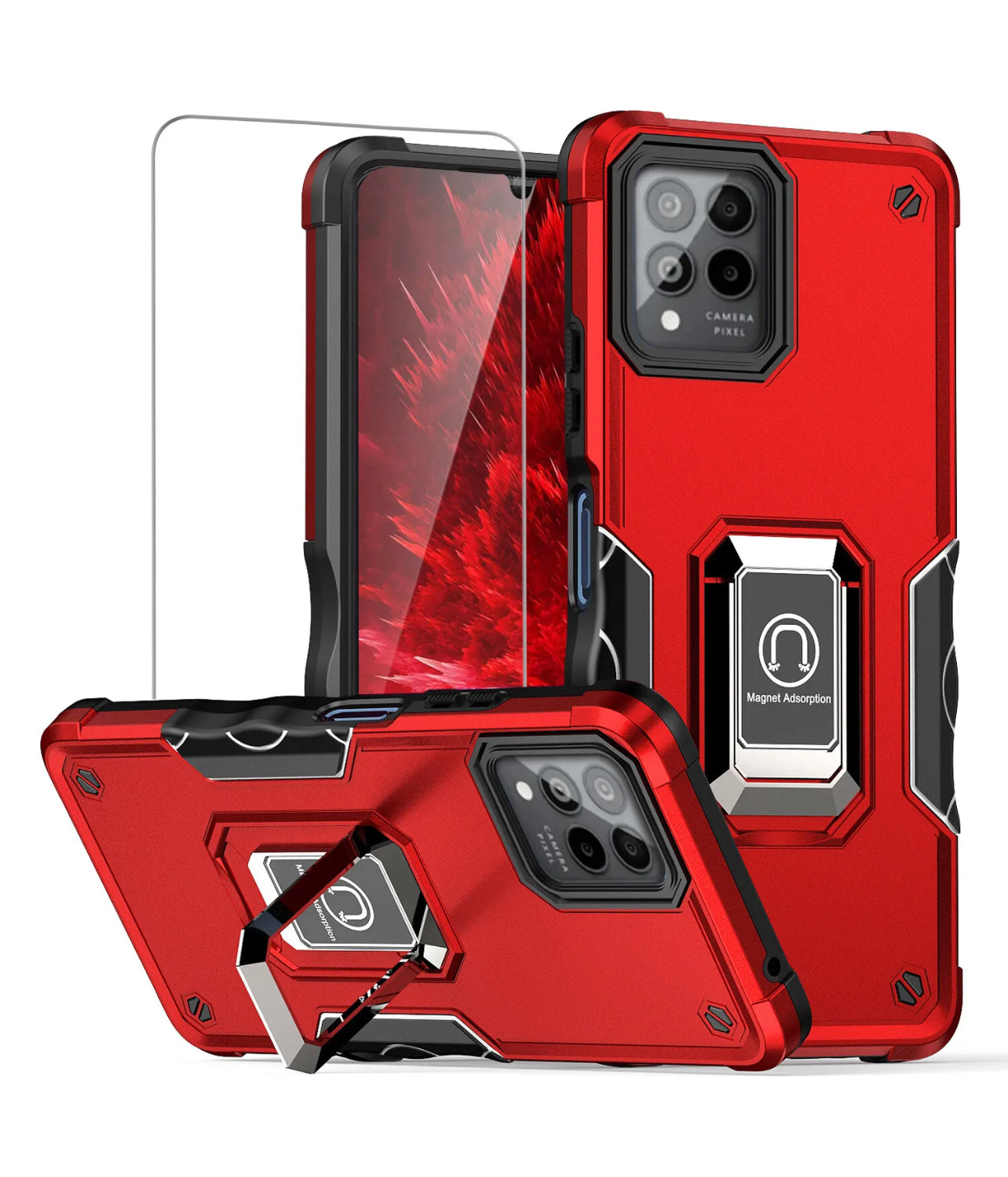 Revvl 6 Pro 5G Ring Case Defender Magnetic Stand+Tempered Glass