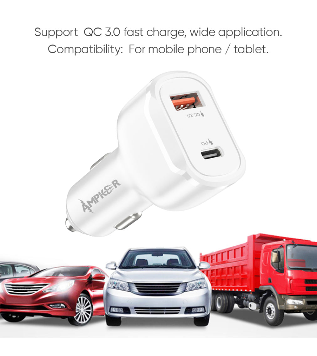 Universal QC3.0 + PD 18W Single White Car Adapter with DUAL ports