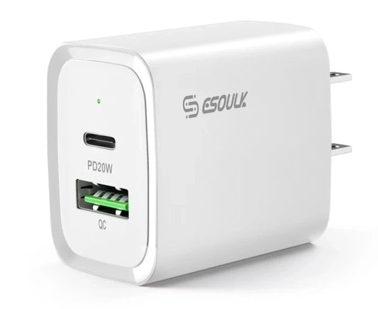 Esoulk USB C+A PD/QC Wall Adapter w/ USB C-C Cable (20W) (5ft) (WHITE)