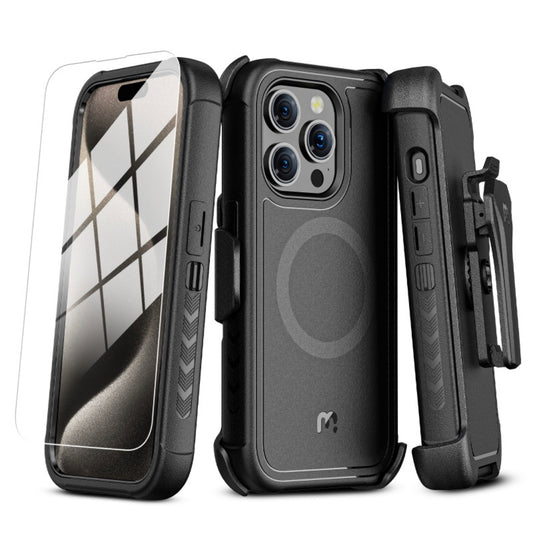 MyBat Pro Antimicrobial Maverick Series w/ MagSafe Case with Holster and Tempered Glass for Apple iPhone 15 Pro Max (6.7) - Black / Black
