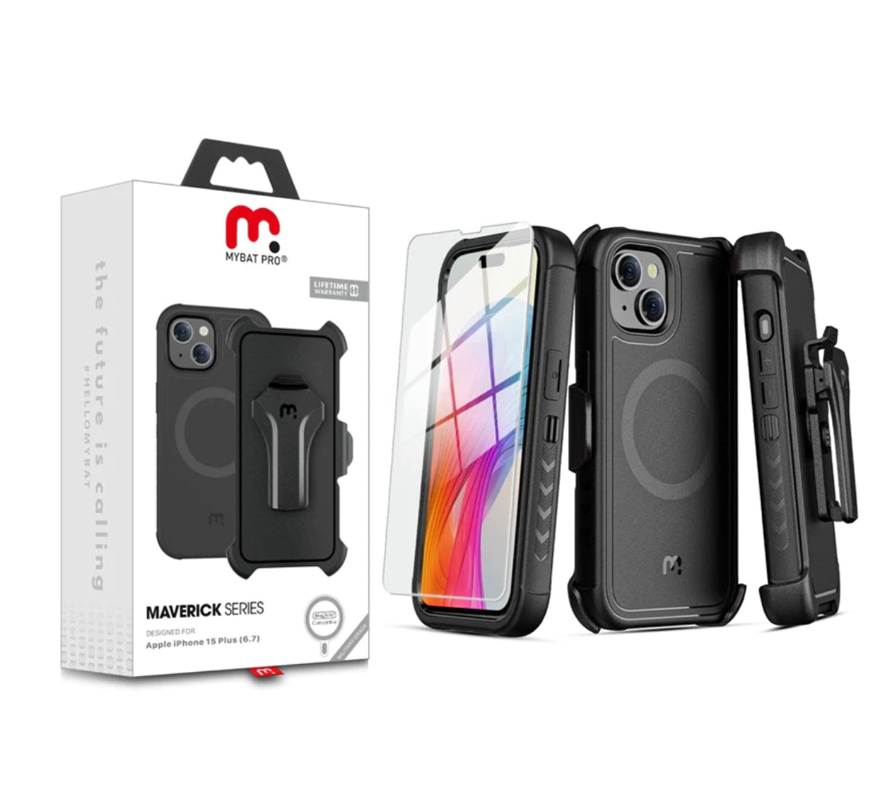 MyBat Pro Antimicrobial Maverick Series w/ MagSafe Case with Holster and Tempered Glass for Apple iPhone 15 Plus (6.7) - Black
