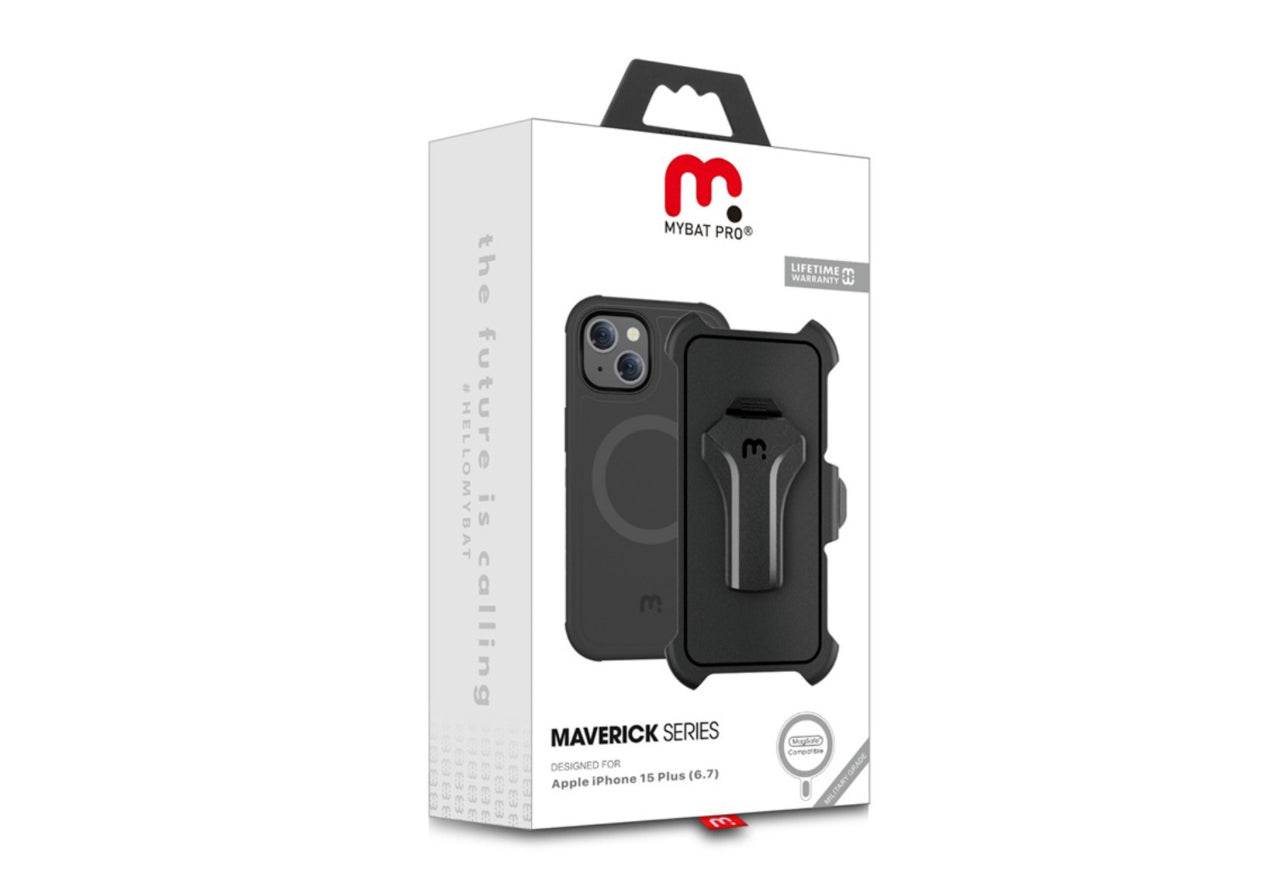 MyBat Pro Antimicrobial Maverick Series w/ MagSafe Case with Holster and Tempered Glass for Apple iPhone 15 Plus (6.7) - Black