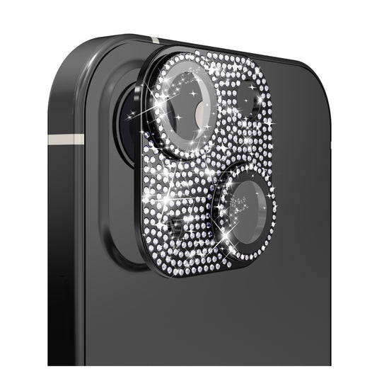 For iP15 Pro Max Diamond Bling Camera Lens Full Tempered Glass - Black