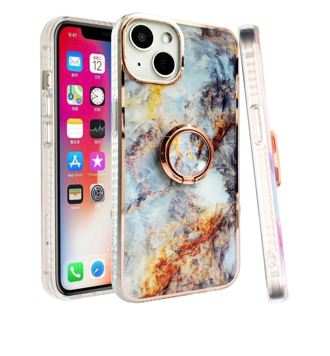 iPhone 14 MAX 6.7" Superior RoseGold Chromed Edge IMD Ring Stand Design Case Cover