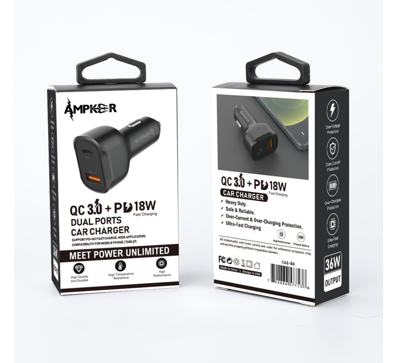 Universal QC3.0 + PD 18W Single Black Car Adapter with DUAL ports