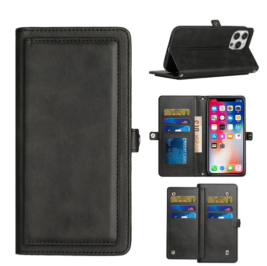 iPhone 14 PRO 6.1" Wallet Premium PU Vegan Leather ID Multiple Card Holder Money with Strap - Black