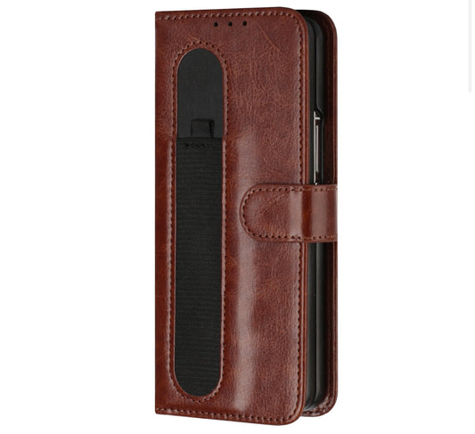 For Samsung Galaxy Z Fold 4 Stylus Holder Wallet ID Card Money Magnetic Snap Case Cover - Brown