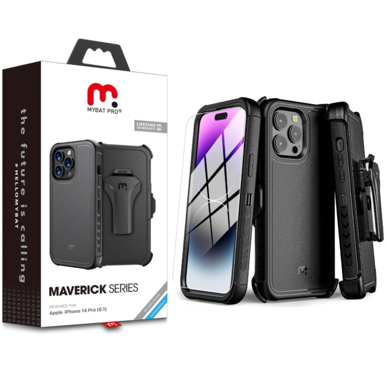 MyBat Pro Antimicrobial Maverick Series Case with Holster and Tempered Glass for Apple iPhone 14 Pro (6.1) - Black / Black