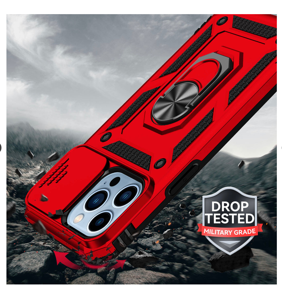 iPhone 14 PRO 6.1" Well Protective Magentic Ring Stand Camera Protective Cover Case - Red