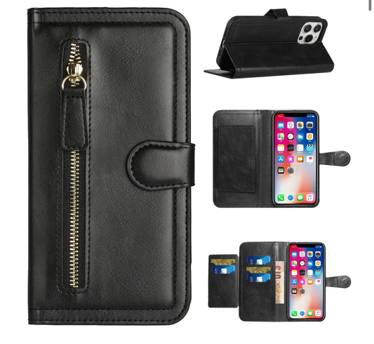 iPhone 14 PRO 6.1" Premium Wallet MultiCard Holder Money Zipper With Magnetic Flap - Black