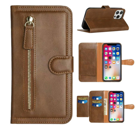 iPhone 14 6.1" Premium Wallet MultiCard Holder Money Zipper With Magnetic Flap - Brown
