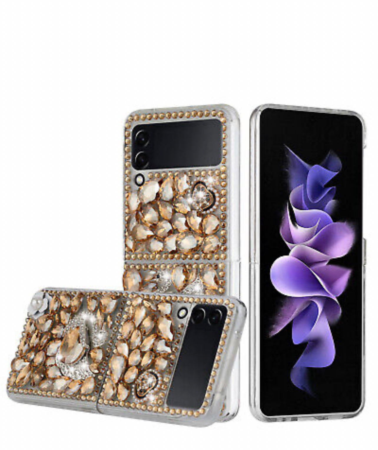 Samsung Galaxy Z Flip3 3D Full Diamond Bling Case Gold Swan Crown Pearl