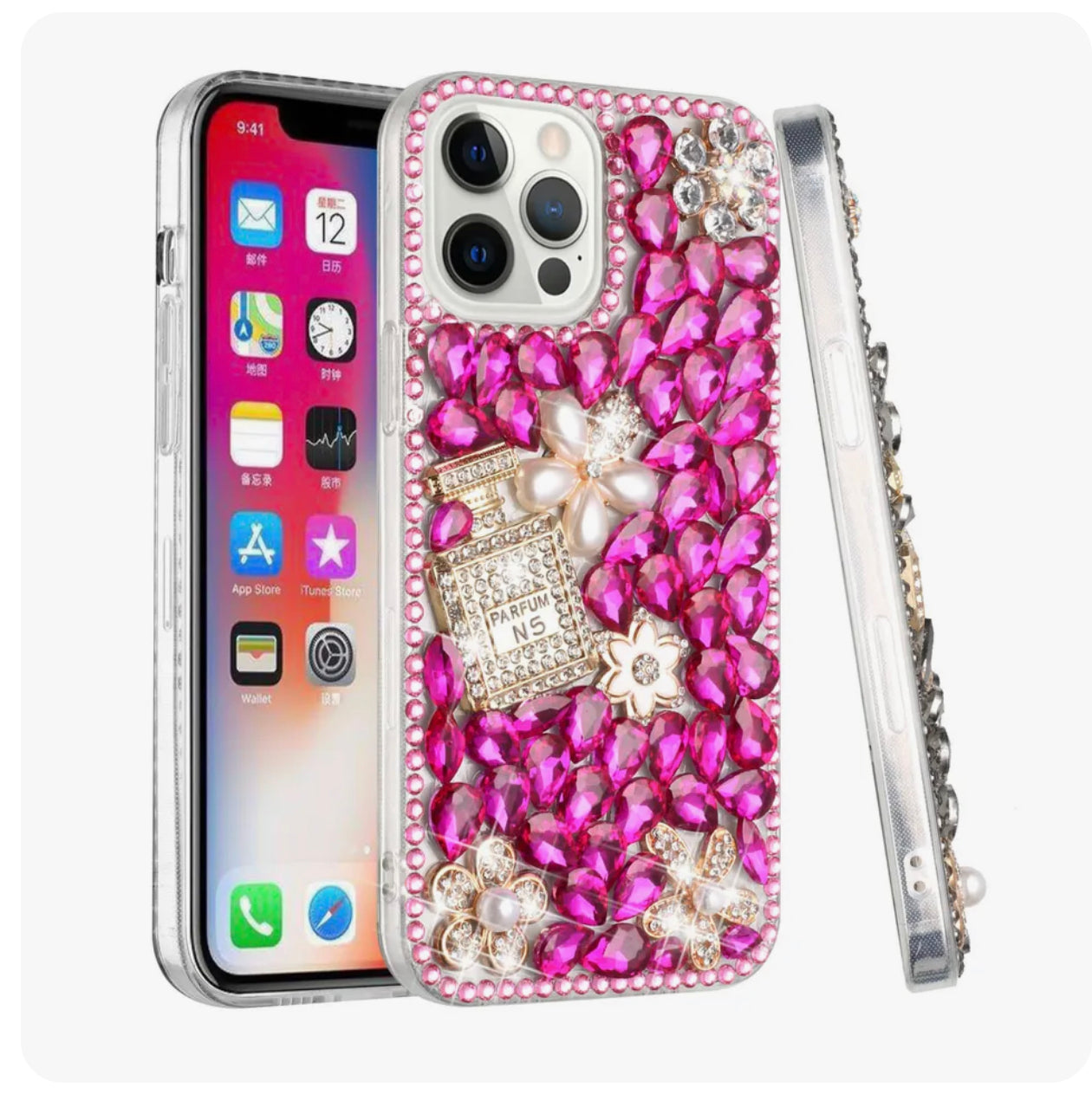 For Apple iPhone 14 PRO MAX 6.7" Full Diamond Pearl Flowers Perfume Hot Pink
