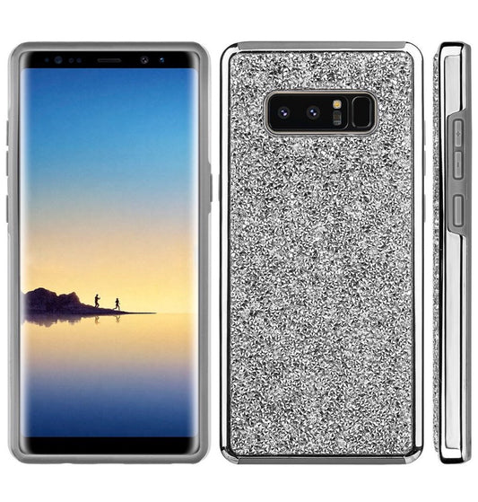 SAMSUNG GALAXY NOTE 8 - ROCK CRYSTAL STUDDED BACK COVER WITH SILVER CHROME BUMPER ON GRAY TPU SKIN