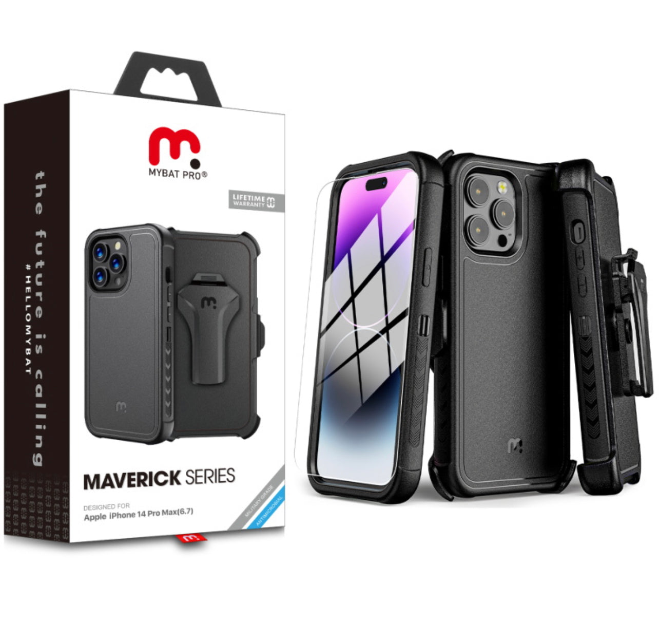 MyBat Pro Antimicrobial Maverick Series Case with Holster and Tempered Glass for Apple iPhone 14 Pro Max (6.7) - Black / Black