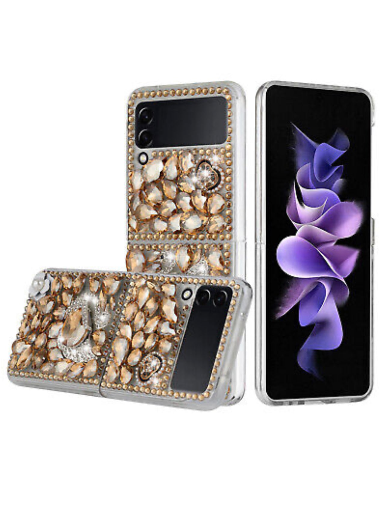 Samsung Galaxy Z Flip3 3D Full Diamond Bling Case Gold Swan Crown Pearl