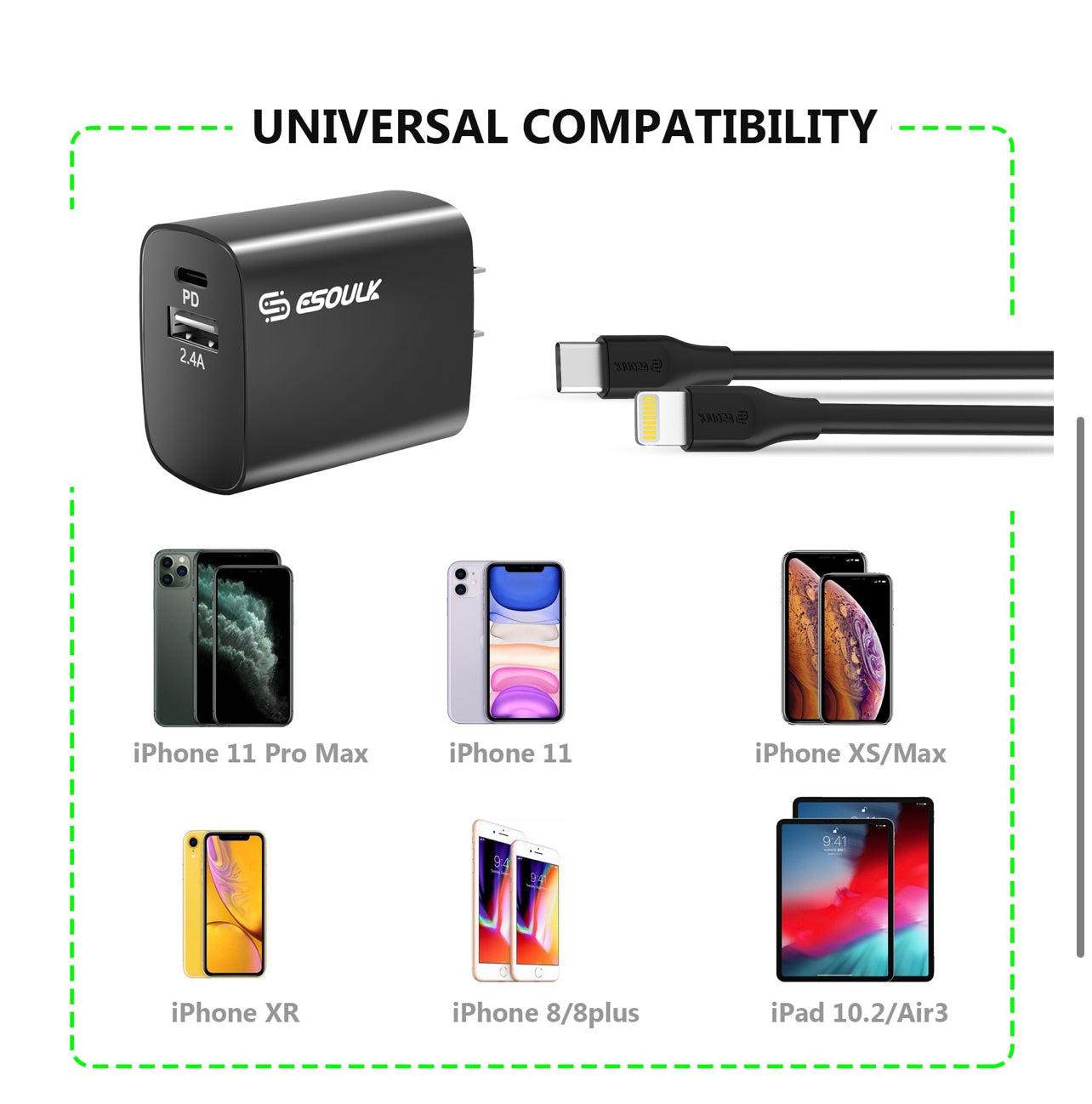 18W Wall Charger PD & USB-A With 5ft C To IPhone Cable For IPhone