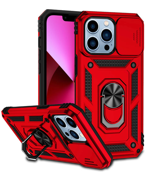 iPhone 14 PRO 6.1" Well Protective Magentic Ring Stand Camera Protective Cover Case - Red