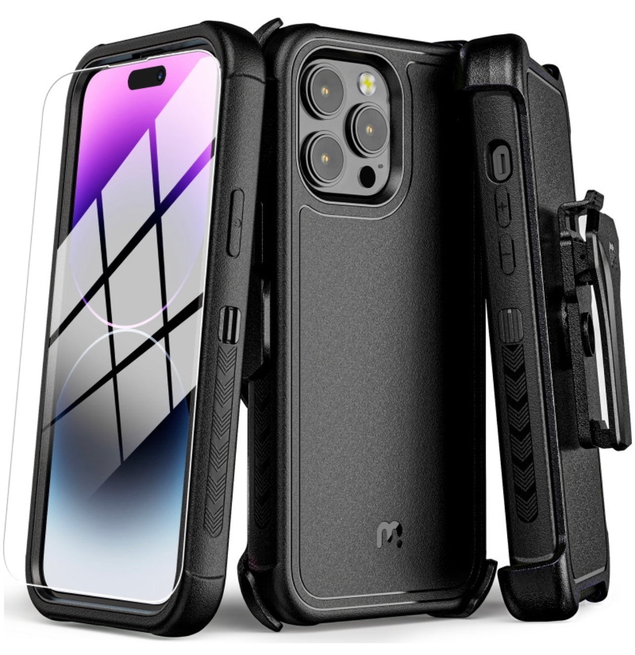 MyBat Pro Antimicrobial Maverick Series Case with Holster and Tempered Glass for Apple iPhone 14 Pro (6.1) - Black / Black