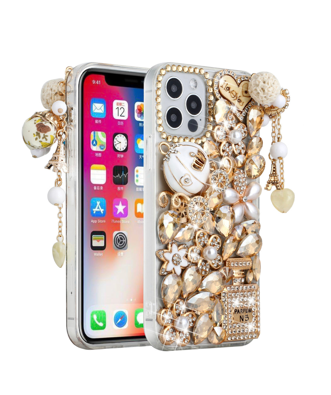 iPhone 13 6.1 Full Diamond with Ornaments Case Cover - Ultimate Multi Ornament Gold