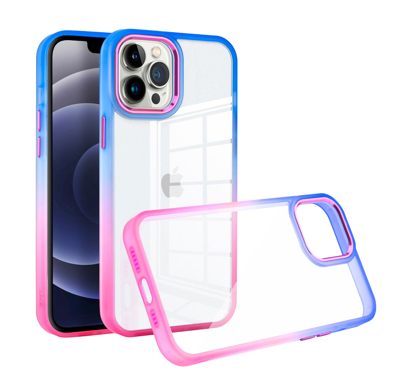 iPhone 14 PRO 6.1" Radiant Two Tone Transparent Thick Hybrid Case Cover - Blue/Hot Pink